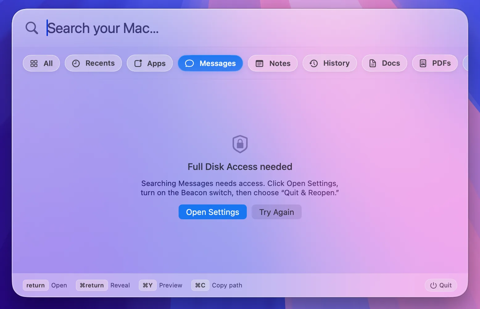 Beacon explaining optional Full Disk Access