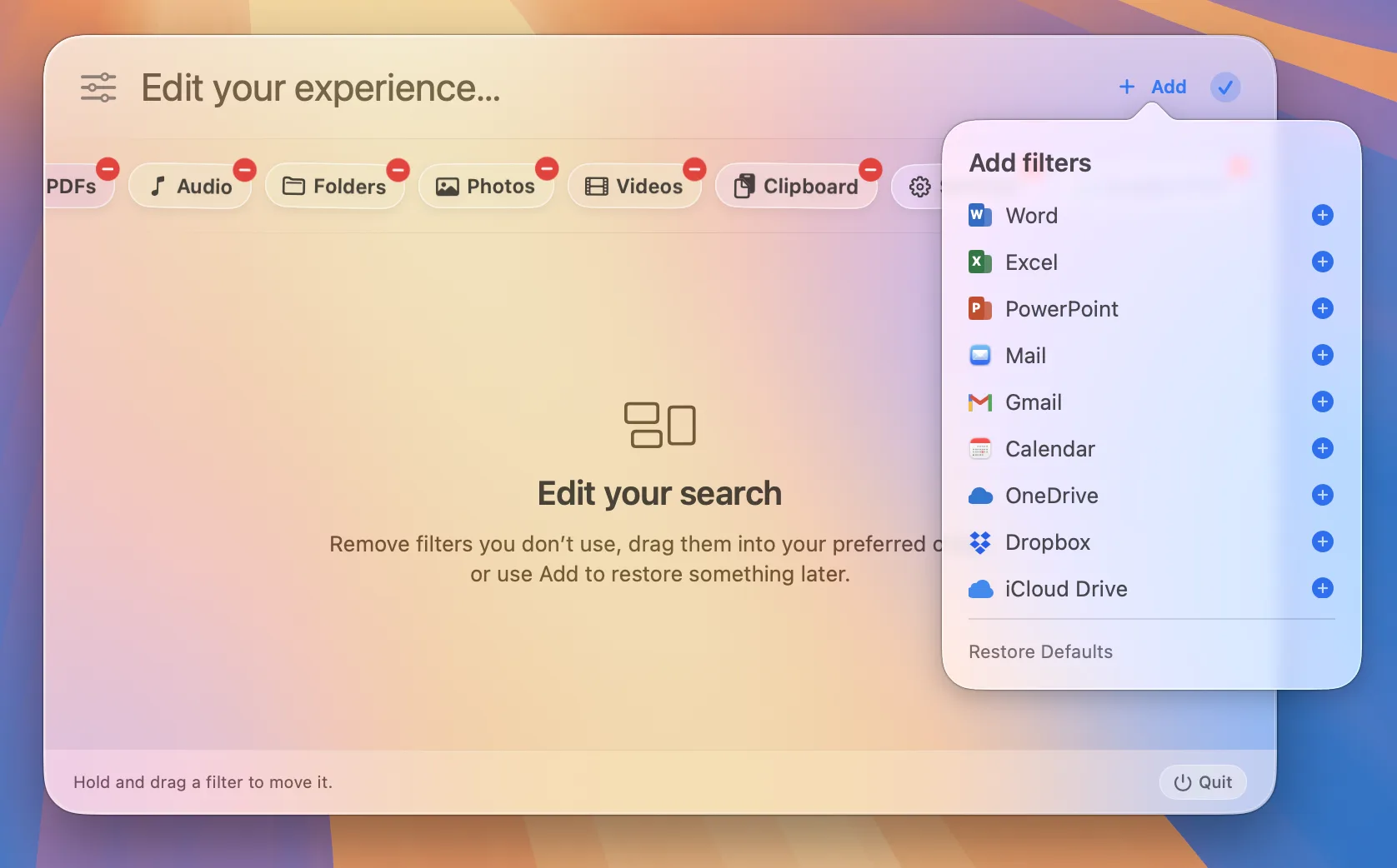 Beacon Add Filters menu with connected apps and cloud sources