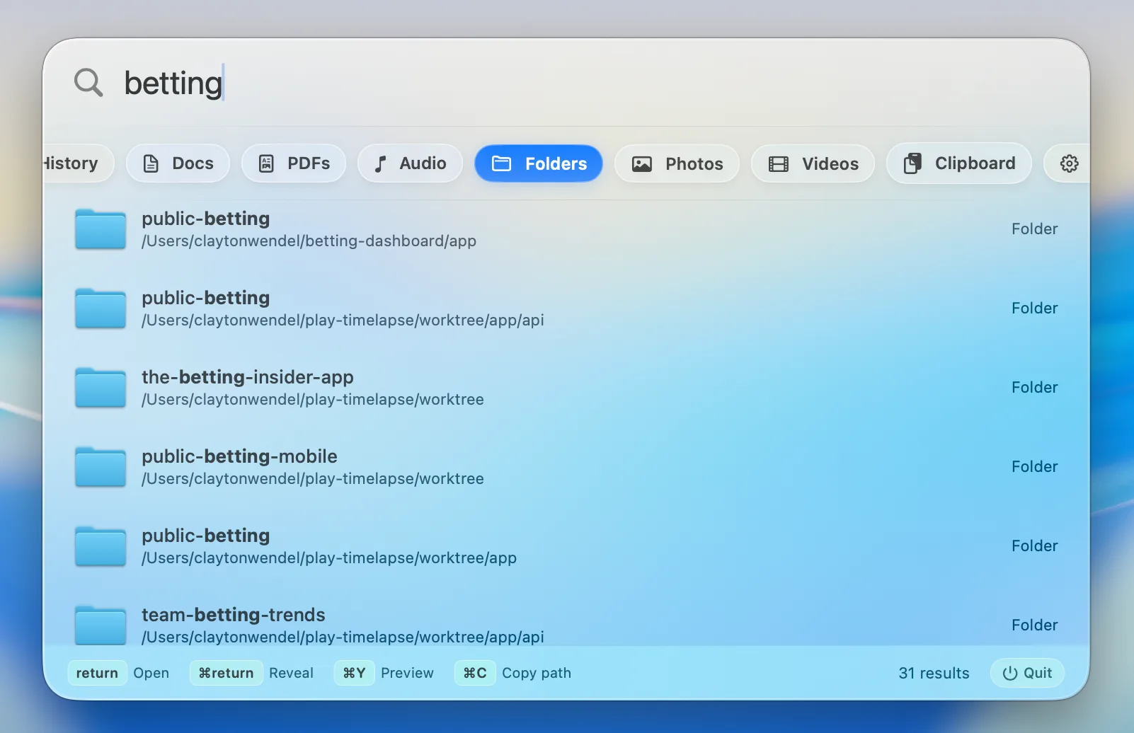Folder search results in Beacon