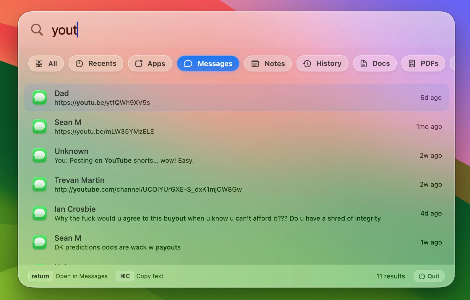 Message search results in Beacon