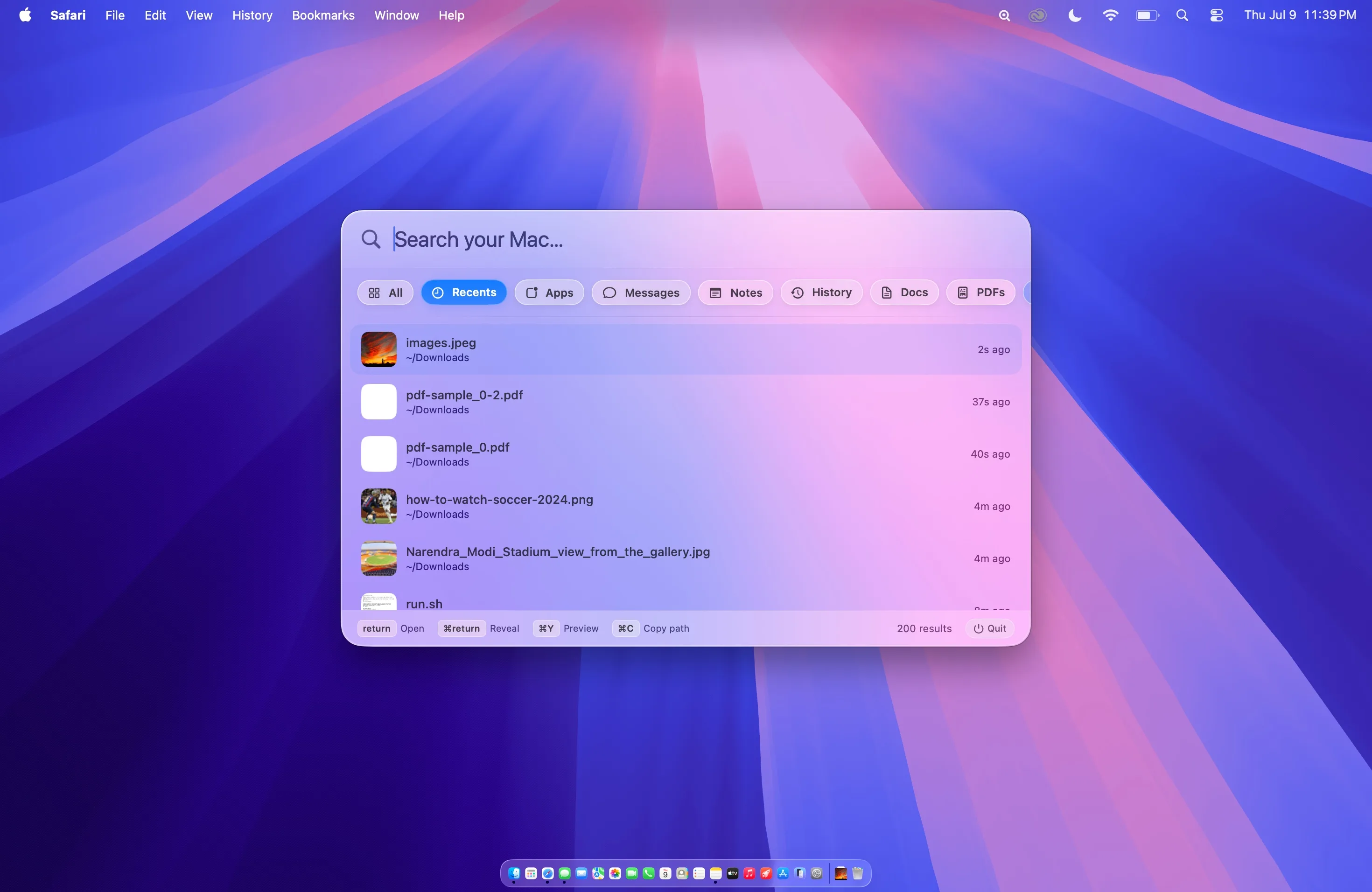 Beacon Recents search floating over a colorful macOS desktop